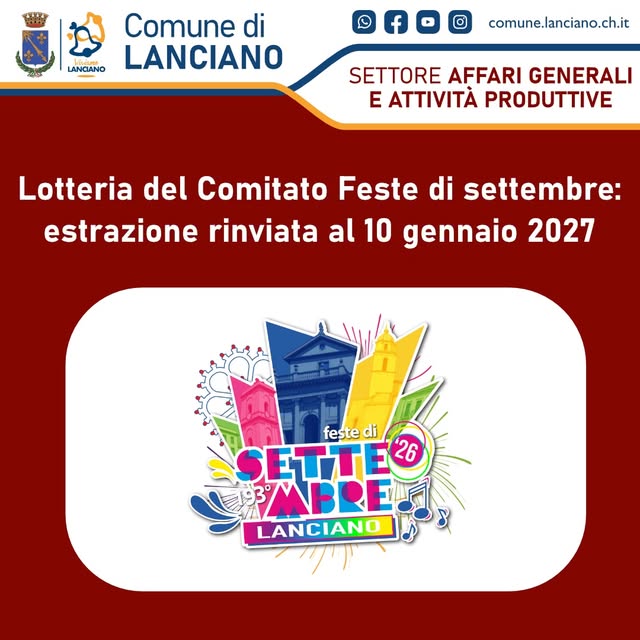 Locandina di Lotteria del Comitato Feste di settembre: estrazione rinviata al 10 gennaio 2027